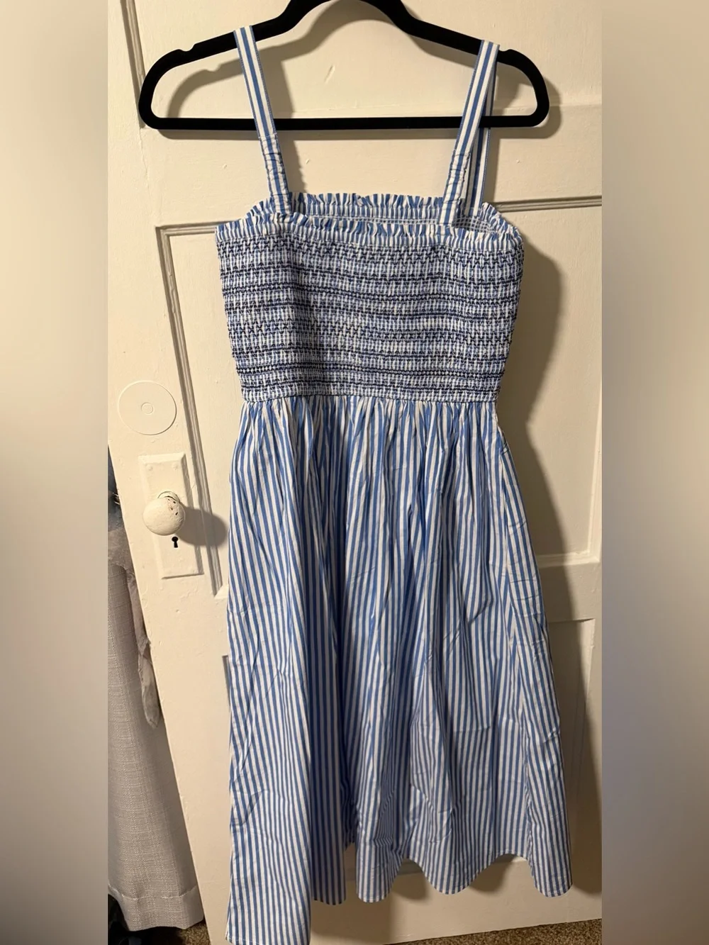 J. Crew Blue White Stripe Smocked Waist Midi Cotton Blend Sundress Classic Small